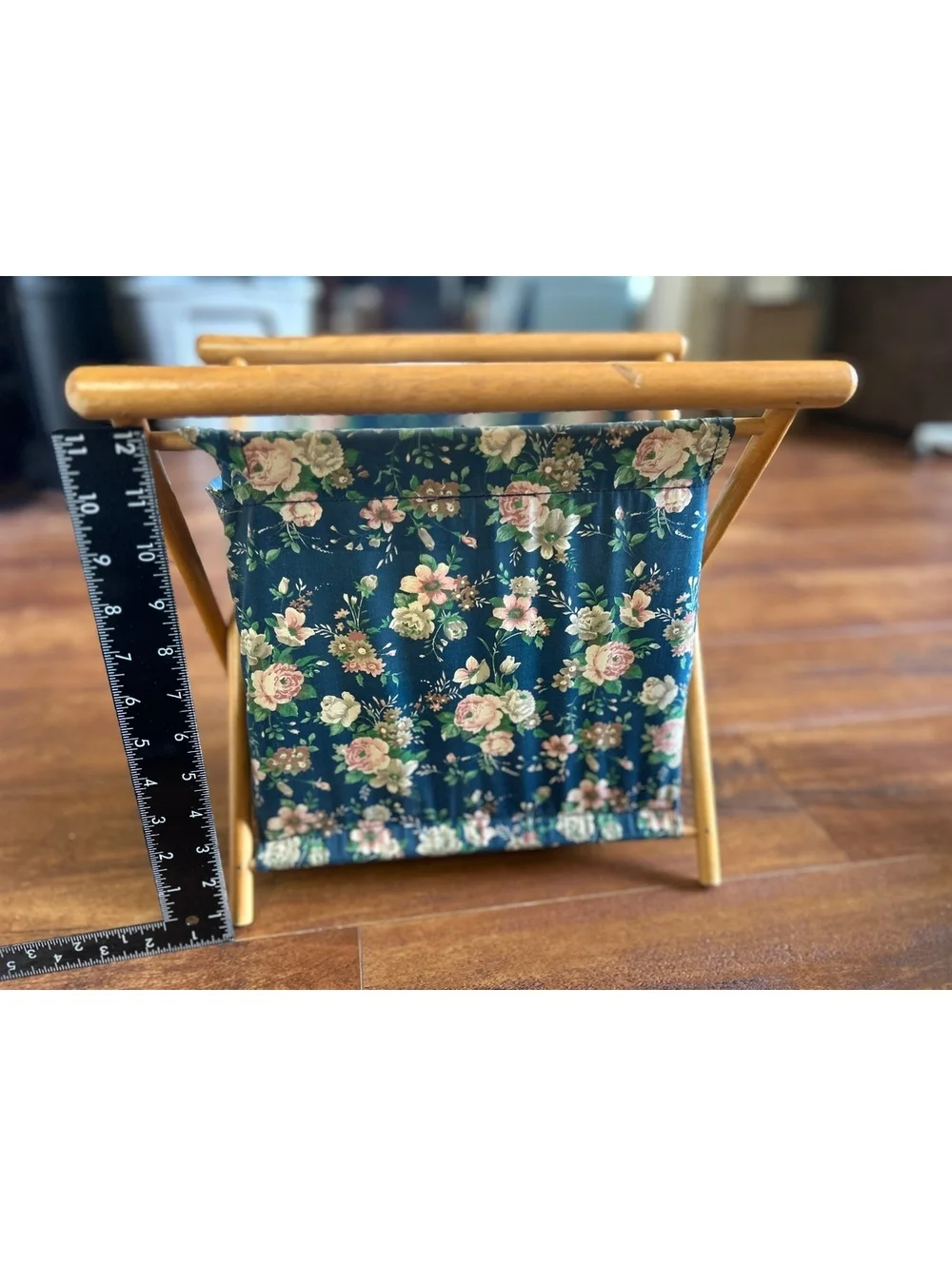 Vintage Floral Fabric and Wood Folding Storage Basket